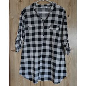 Women XL Plaid Tunic Top‎ Black White Zip Front Roll Tab Sleeve